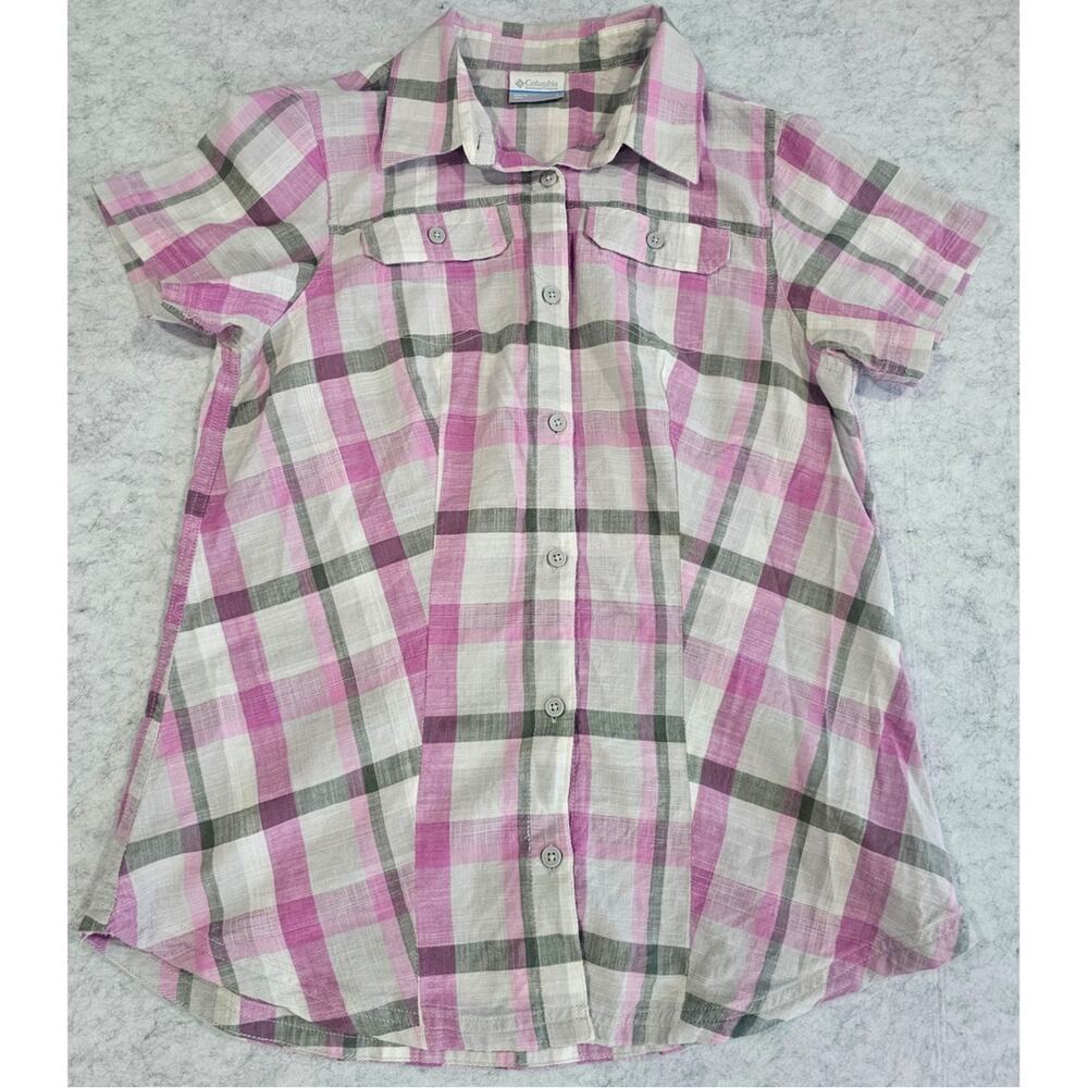 Columbia Button Up Plaid Shirt, 100% Cotton, Western, Country, Pink Gray Sz S